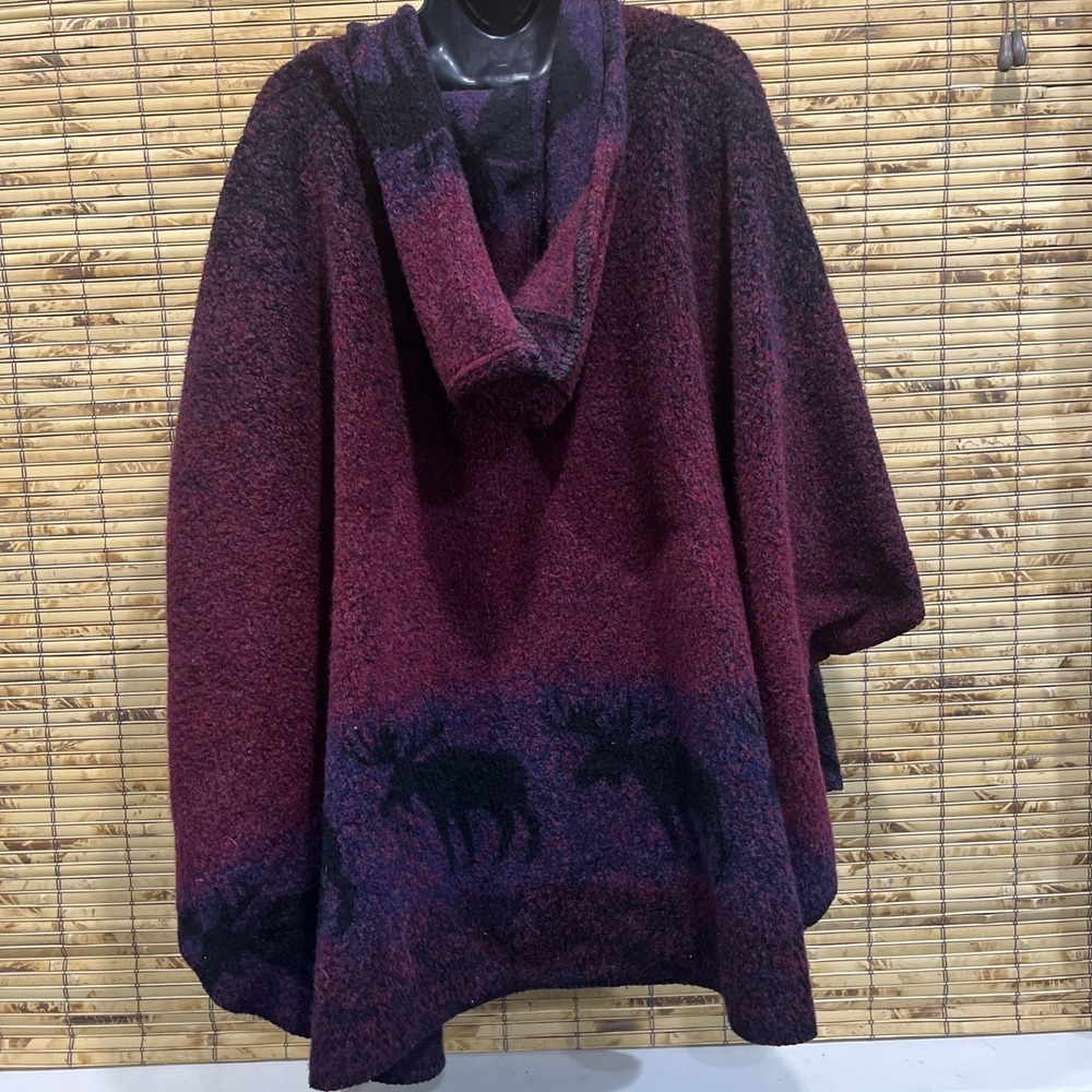 Bear Ridge Outfitters Vtg Wool Blend Fleece Poncho Cape Hooded Red Moose USA OS - Picture 2 of 6